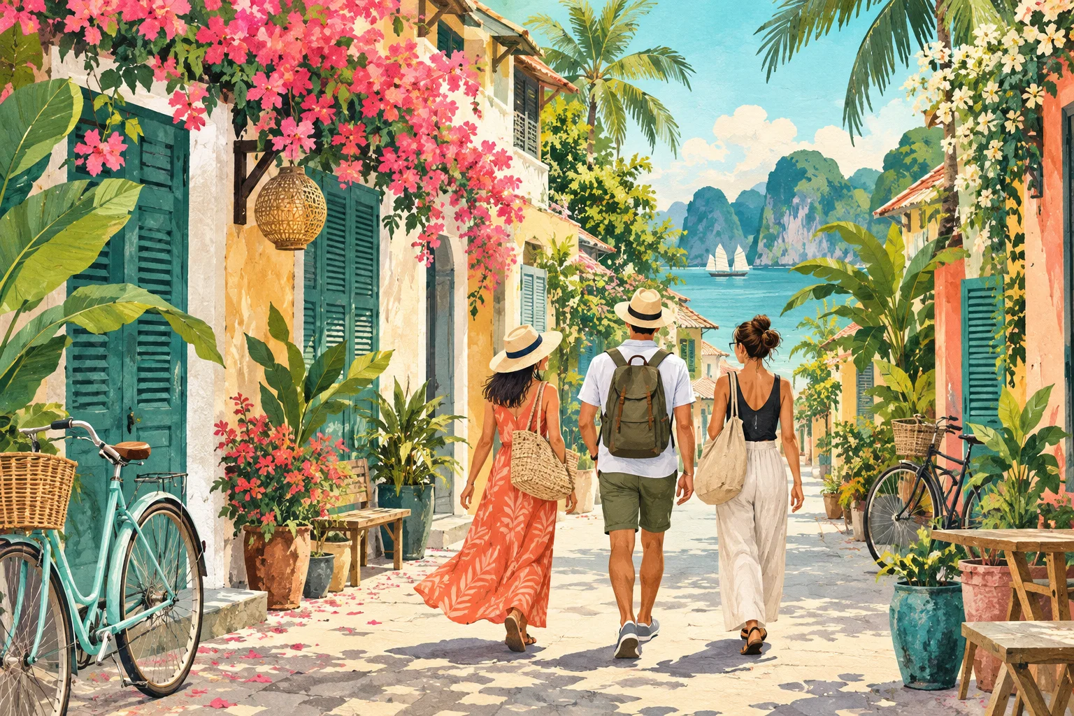 Illustration of travelers exploring a tropical neighborhood together